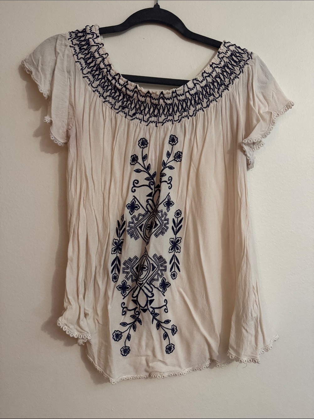Xhilaration Cream Blouse with Navy Embroidered Front